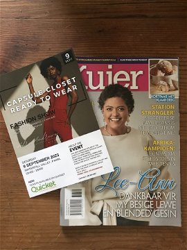 Lee-Ann van Rooi on the cover page of Kuier Magazine wearing Capsule Closet Clothing by Adri Andrews