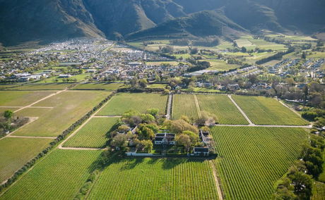 Aerial view of farmland and vineyards with a small town and mountains in the background