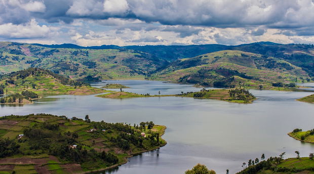 Lake Bunyonyi view of islands and inlets, Uganda Lake Bunyonyi view of islands and inlets, Uganda