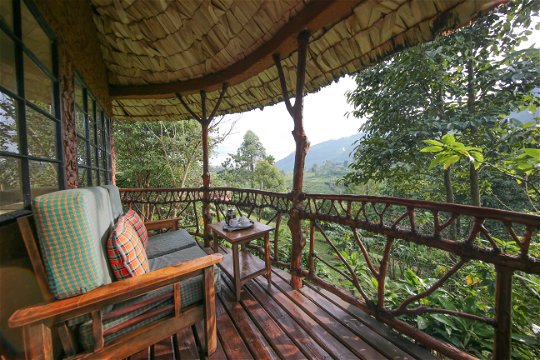 Balcony on a private room at Mahogany Springs, your base for exploring Bwindi Impenetrable National Park.