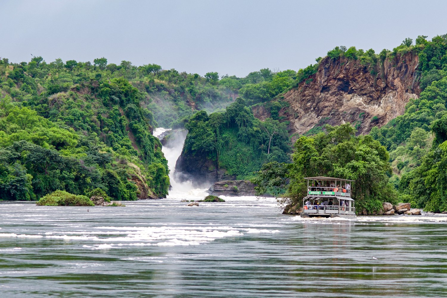 Water safari on the river Nile to the base of Murchison Falls waterfall, Murchison Falls National Park