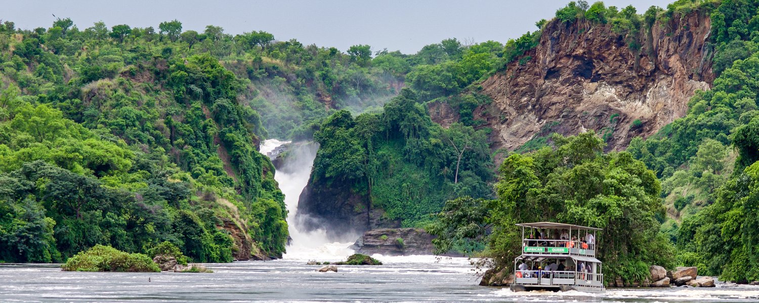 Water safari on the river Nile to the base of Murchison Falls waterfall, Murchison Falls National Park
