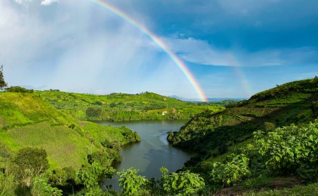 A rainbow in Ndali-Kasenda crater lake fields Kibale National Park, Uganda