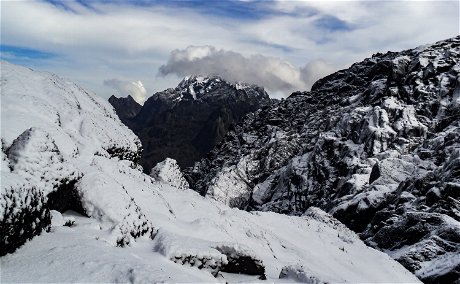 The snow-capped mountains of Margherita Peak in the Rwenzori Mountains Uganda