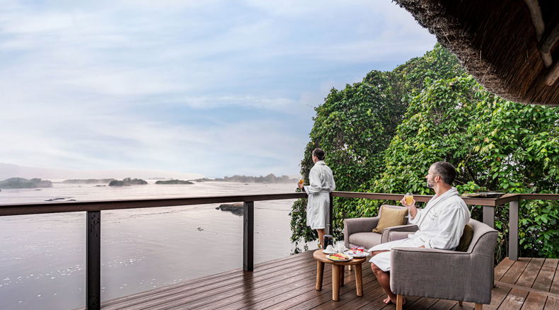Wildwaters lodge terrace with Nile view, Uganda Wildwaters lodge terrace with Nile view, Uganda
