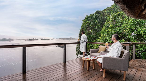 Wildwaters lodge terrace with Nile view, Uganda Wildwaters lodge terrace with Nile view, Uganda