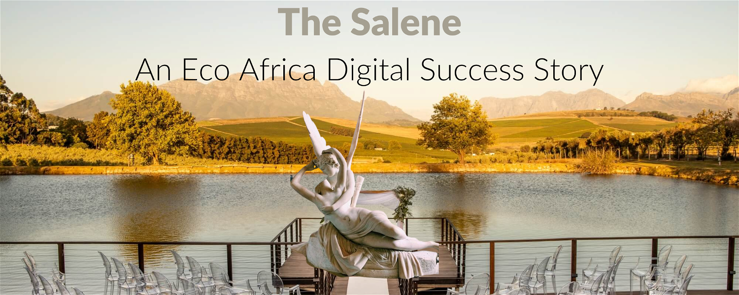Image of The Salene wedding venue in Stellenbosch featuring a viewing deck overlooking a dam. Two statues are seen swooning surrounded by empty ghost chairs. Text above the image reads: The Salene, an Eco Africa Digital Success Story