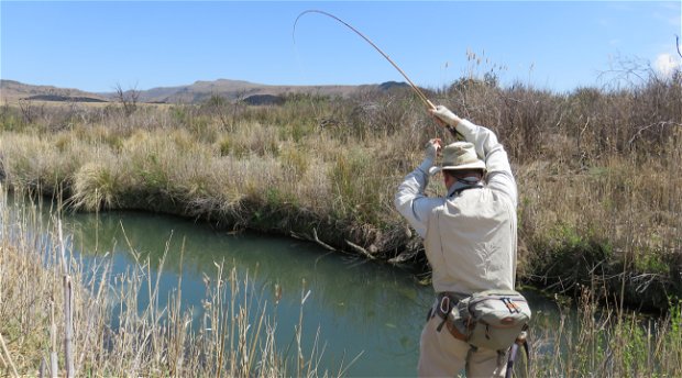 Fly Fishing for trout, small stream, bamboo rod; Wild Fly Fishing in the Karoo