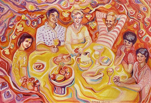As a family we always made sure that we spent time together around the dinner-table, sharing details of our day. This painting was done by a family friend, Cornelia Holm, depicting this happy tradition
