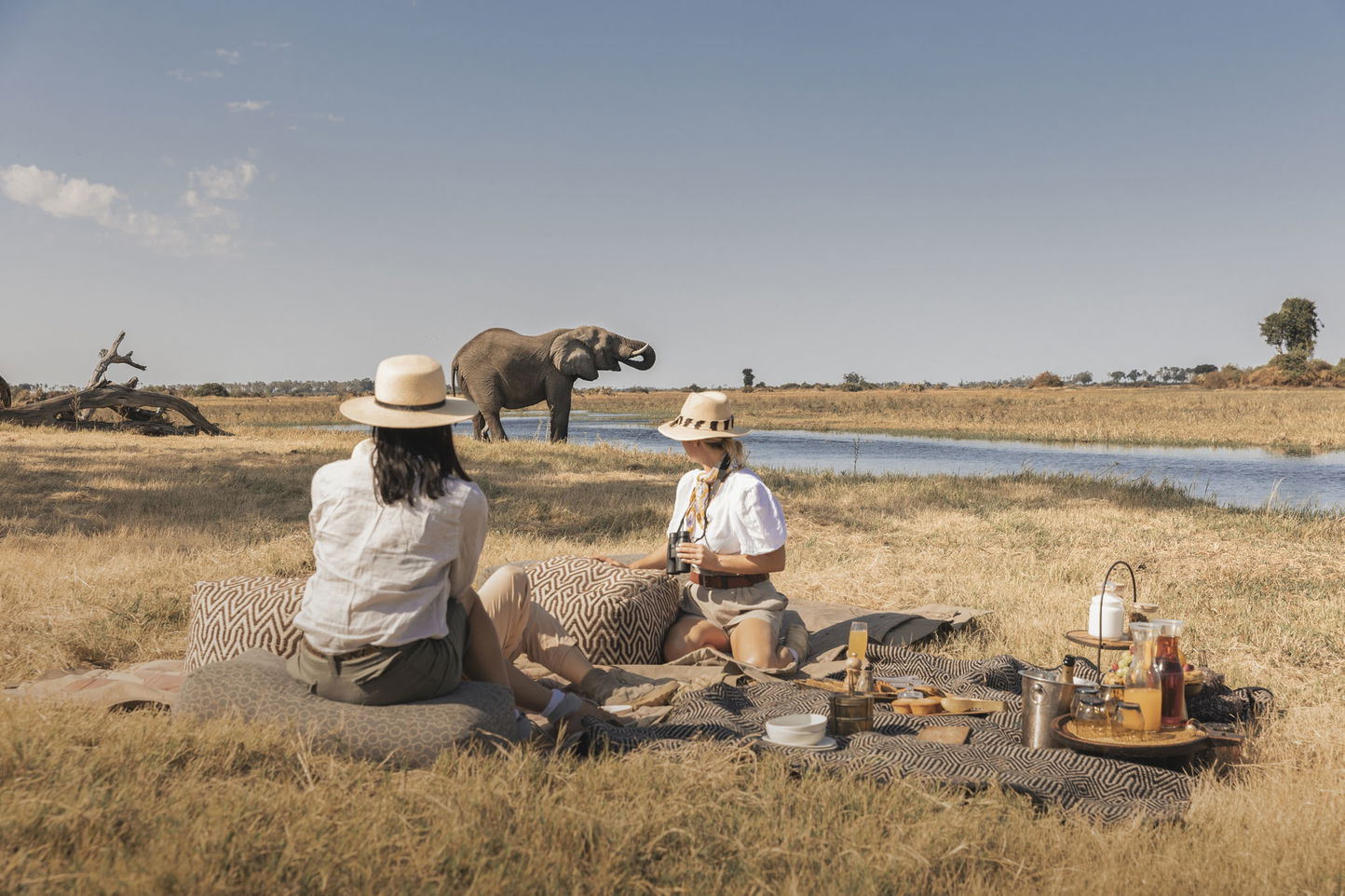 three guests on picnic blanket in Okavango delta looking at elephant in background at Wilderness Mombo Camp