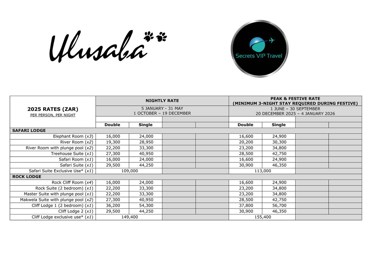 screenshot of the 2025 accommodation rates of ulusaba safari lodges