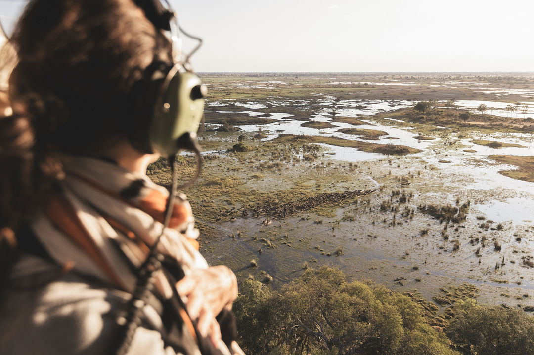 man in helicopter over Okavango delta with wildlife below at Wilderness Mombo Camp