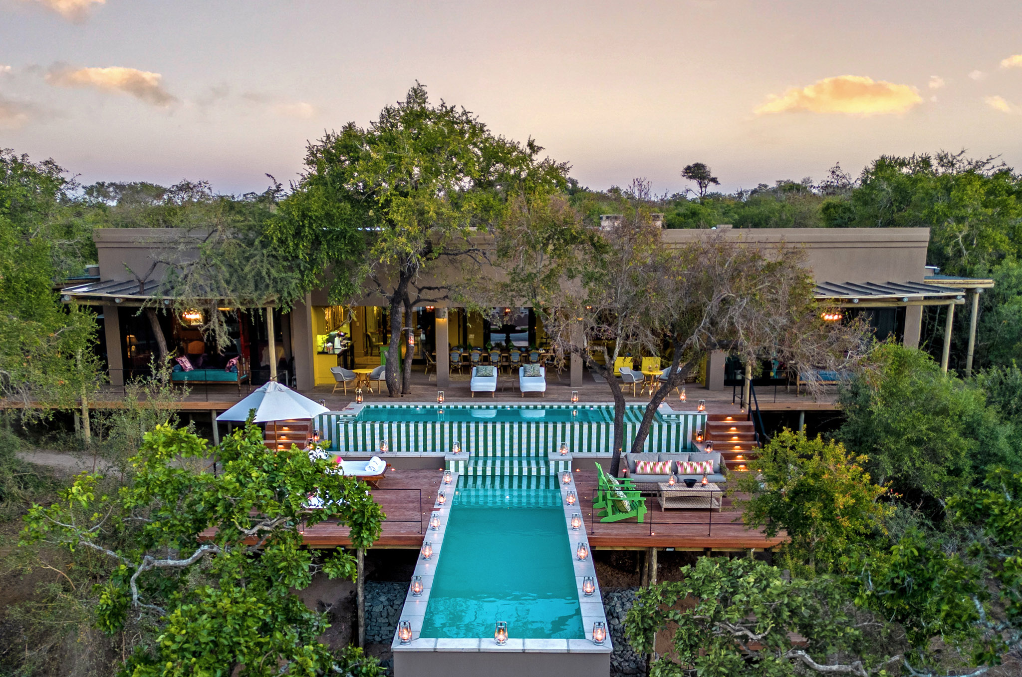 aerial view of Africa house with deck an pool at Royal Malewane