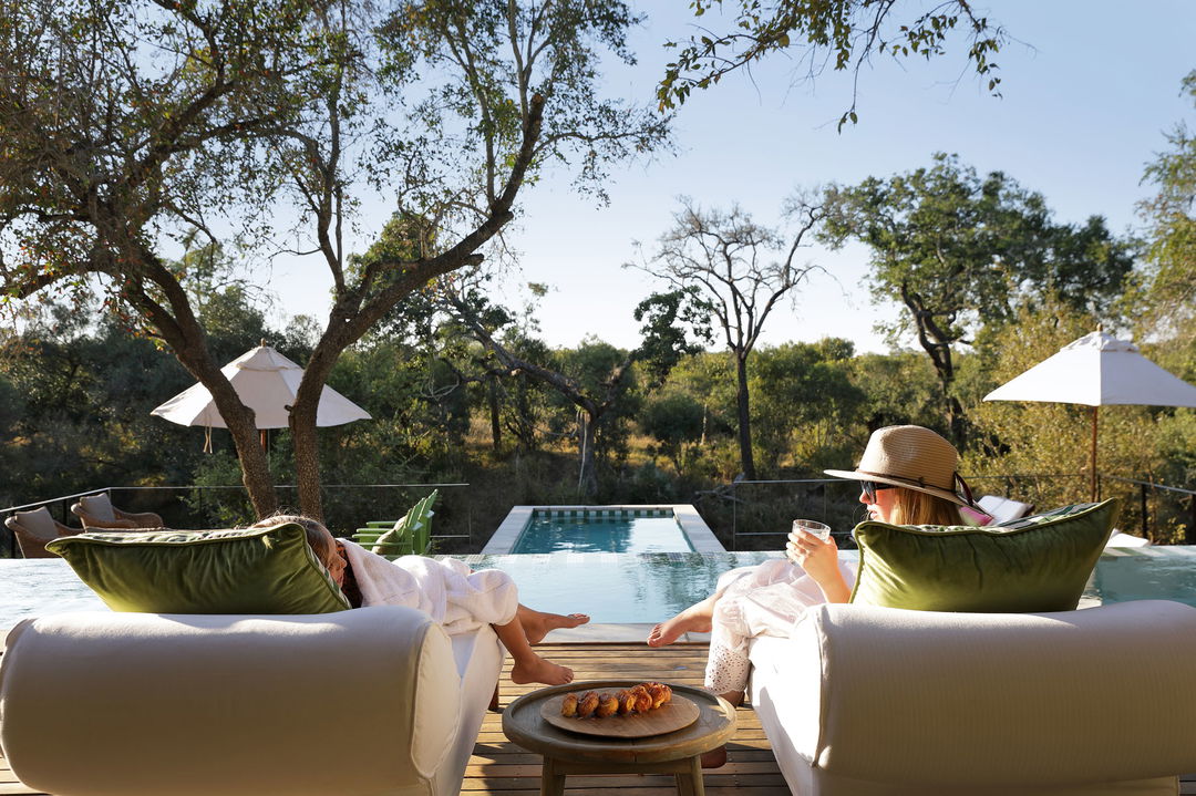 guests on loungers at pool having drinks by Africa House Royal Malewane