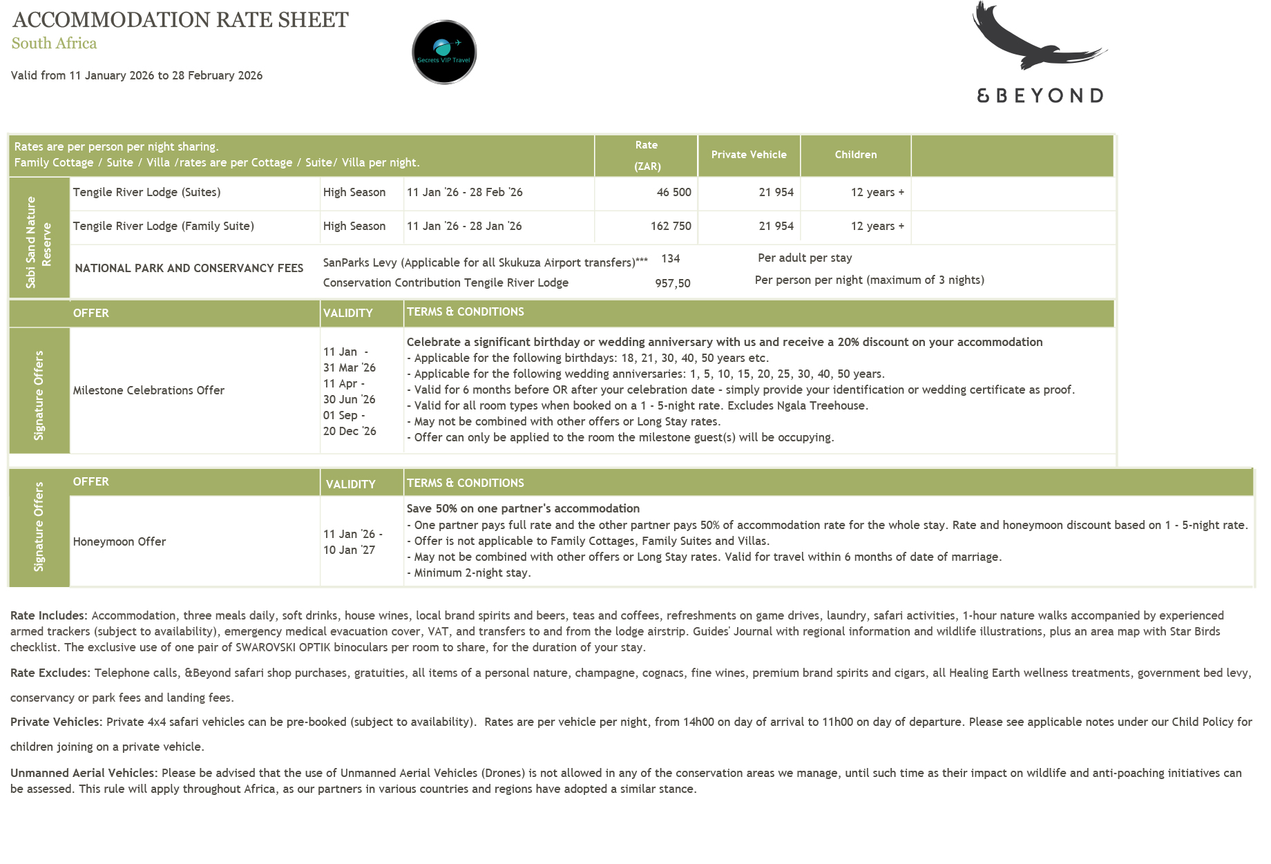 screenshot of 2026 accommodation rates for Tengile river lodge