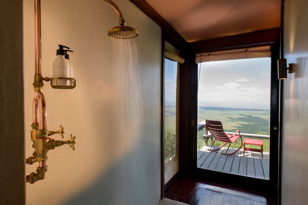 shower with views in tented suite of Angama Mara Kenya Masai Mara