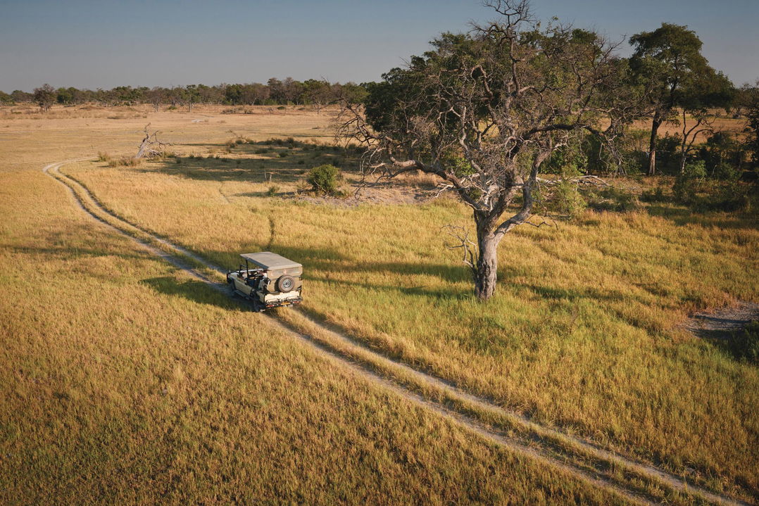 aerial view of a game drive vehicle traversing the Okavango delta at Belmond Eagle Island Lodge