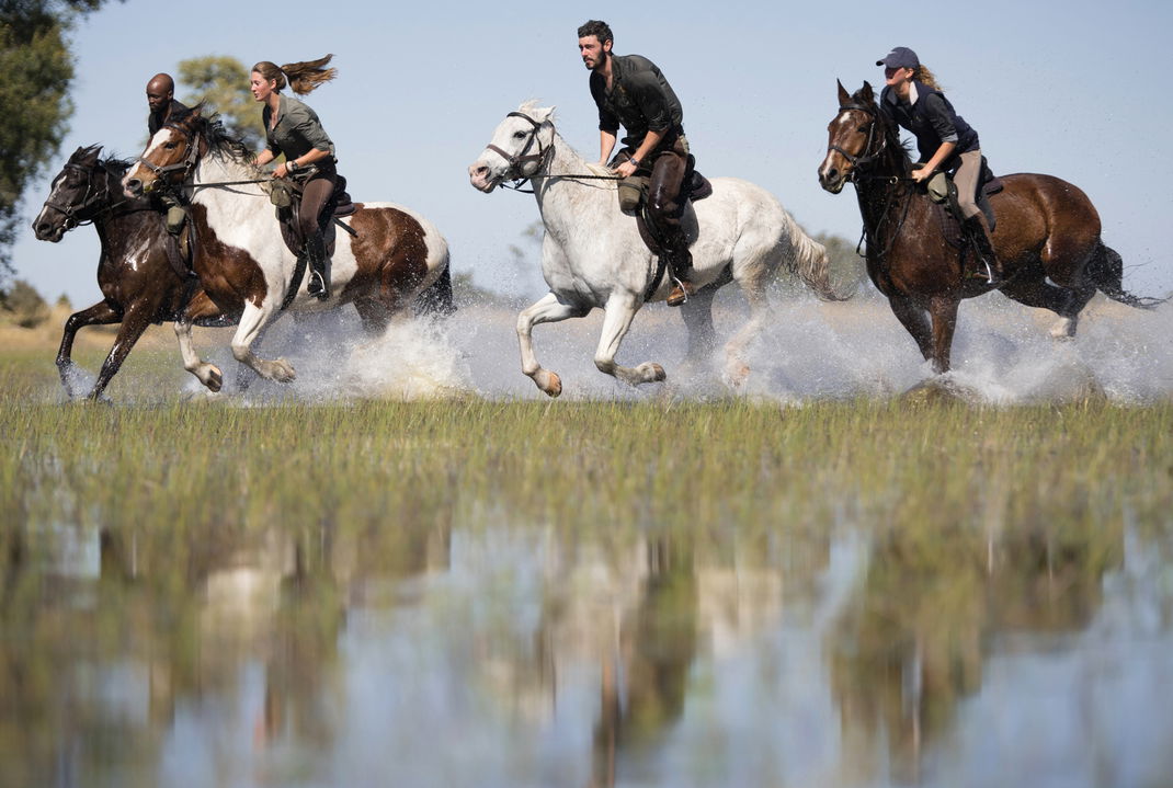 guests on horseback safari in Okavango delta by Eagle island lodge