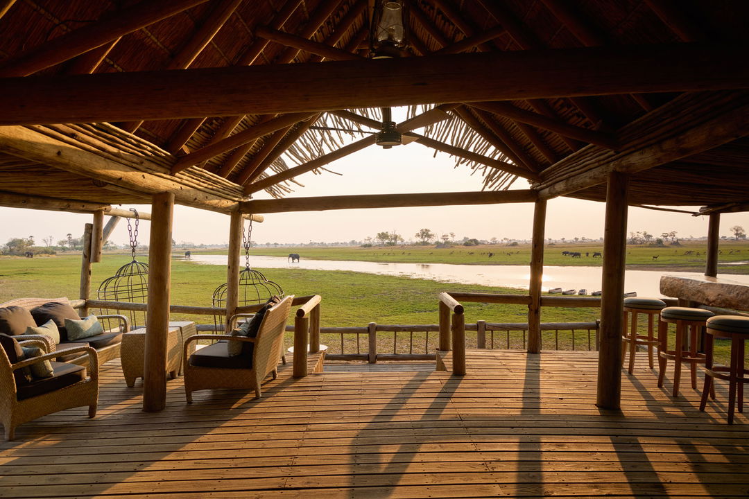 viewing deck in morning sun with views of delta at Belmond Eagle Island Lodge