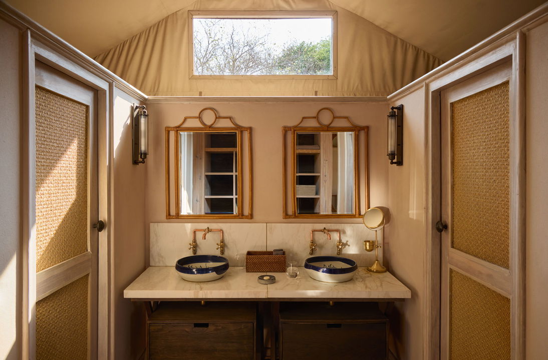 view of bathroom in tent at Belmond Safaris Savute Elephant lodge Botswana