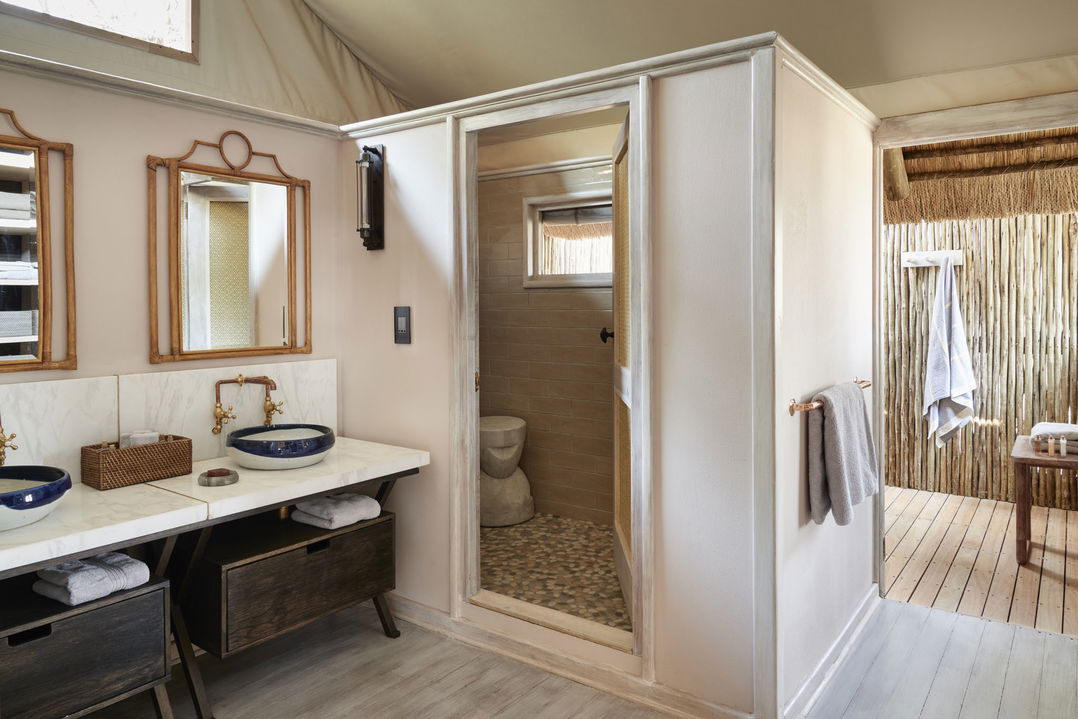 shower in room at Belmond safaris Savute elephant lodge