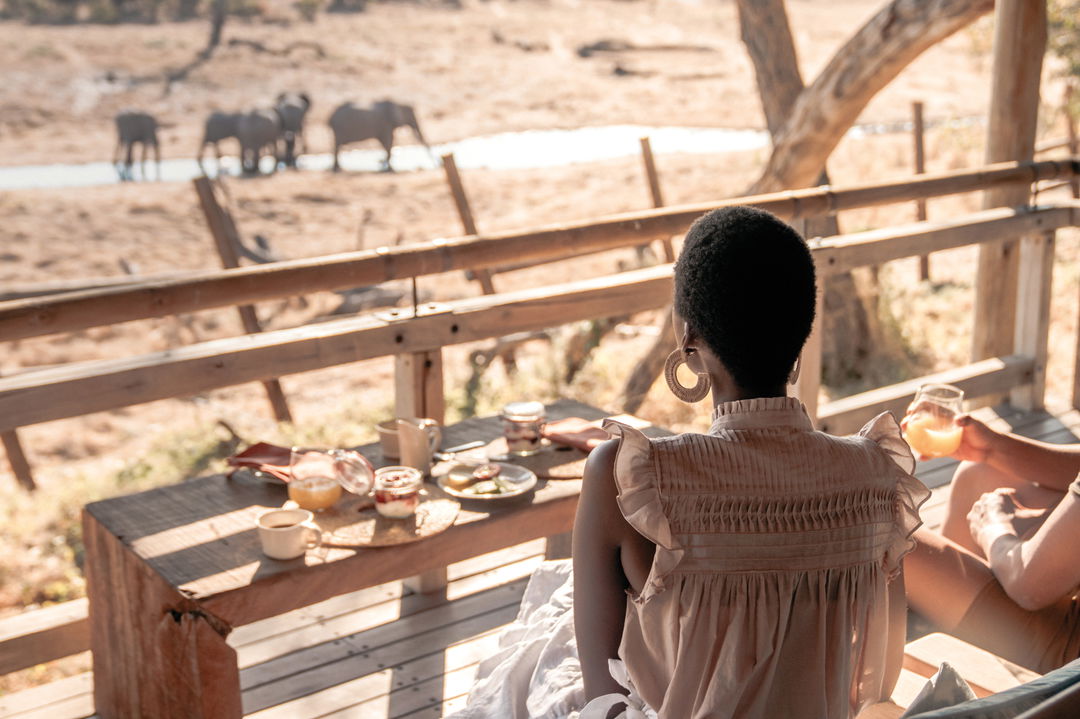 lady guest having breakfast on deck watching three elephants close by at Savute elephant lodge in Okavango delta
