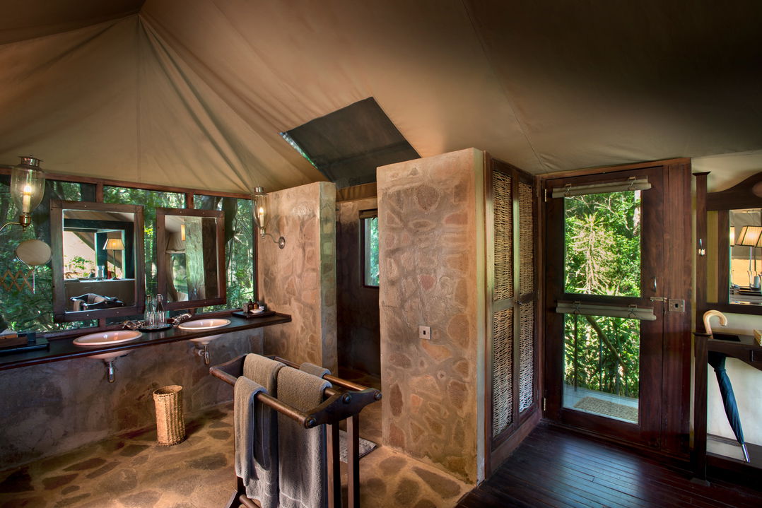 bathroom view in tented suite of andBeyond Kichwa Tembo Camp Kenya Masai Mara