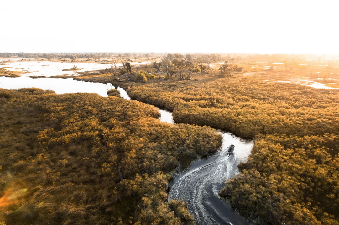 aerial view of boat on waterways of delta at Vumbura Plains Camp Wilderness Okavango Delta