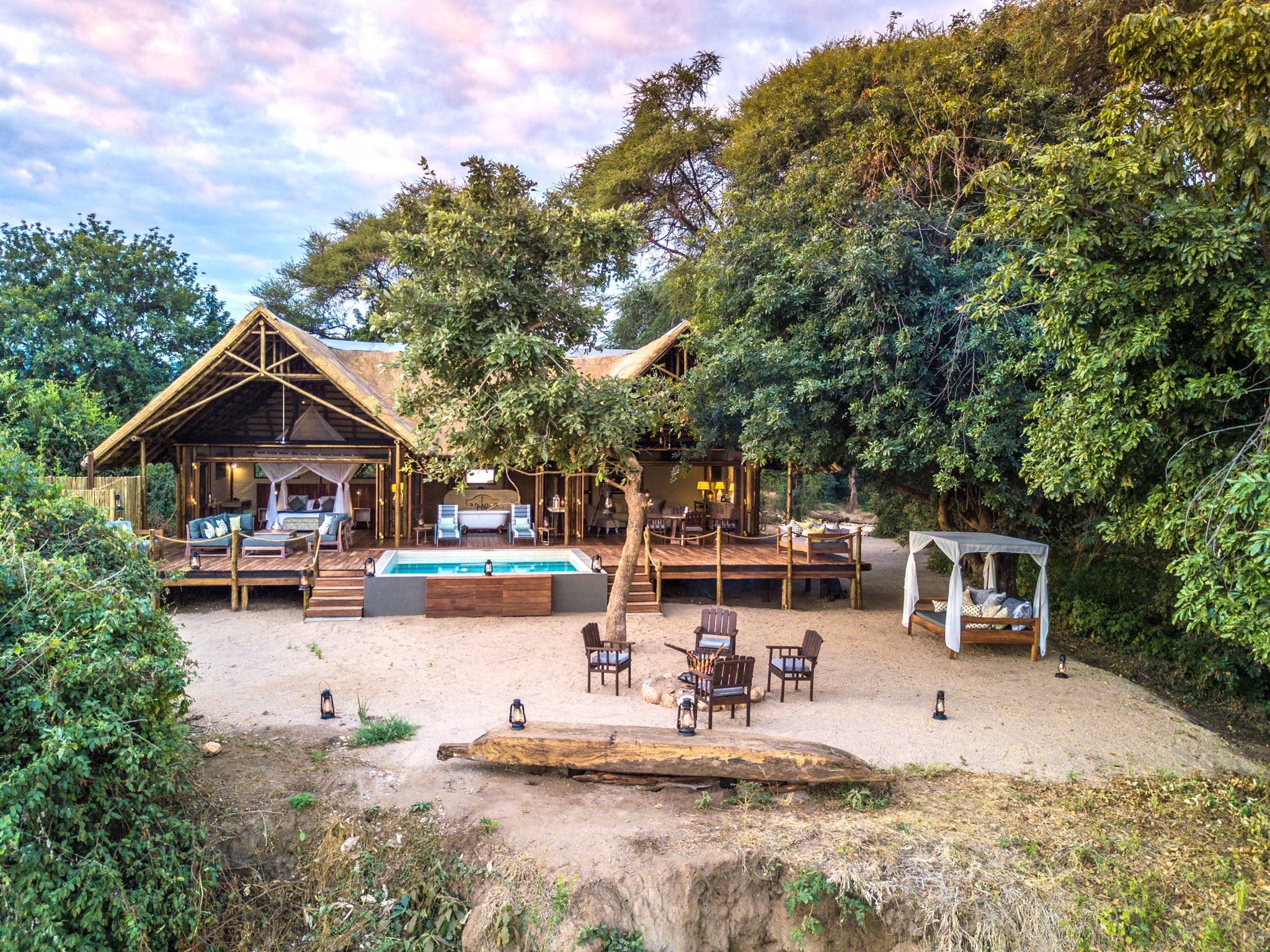 aerial view of luxury suite at chiawa camp zambia