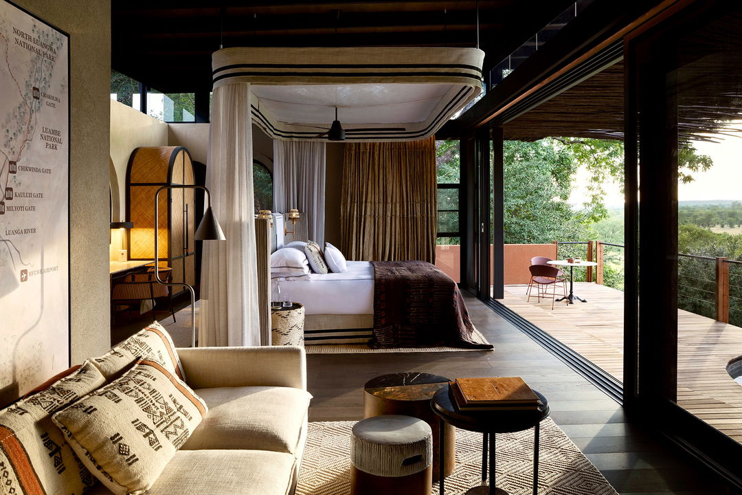 side vew of the lounge in presidential suite by Chichele Presidential Camp Zambia