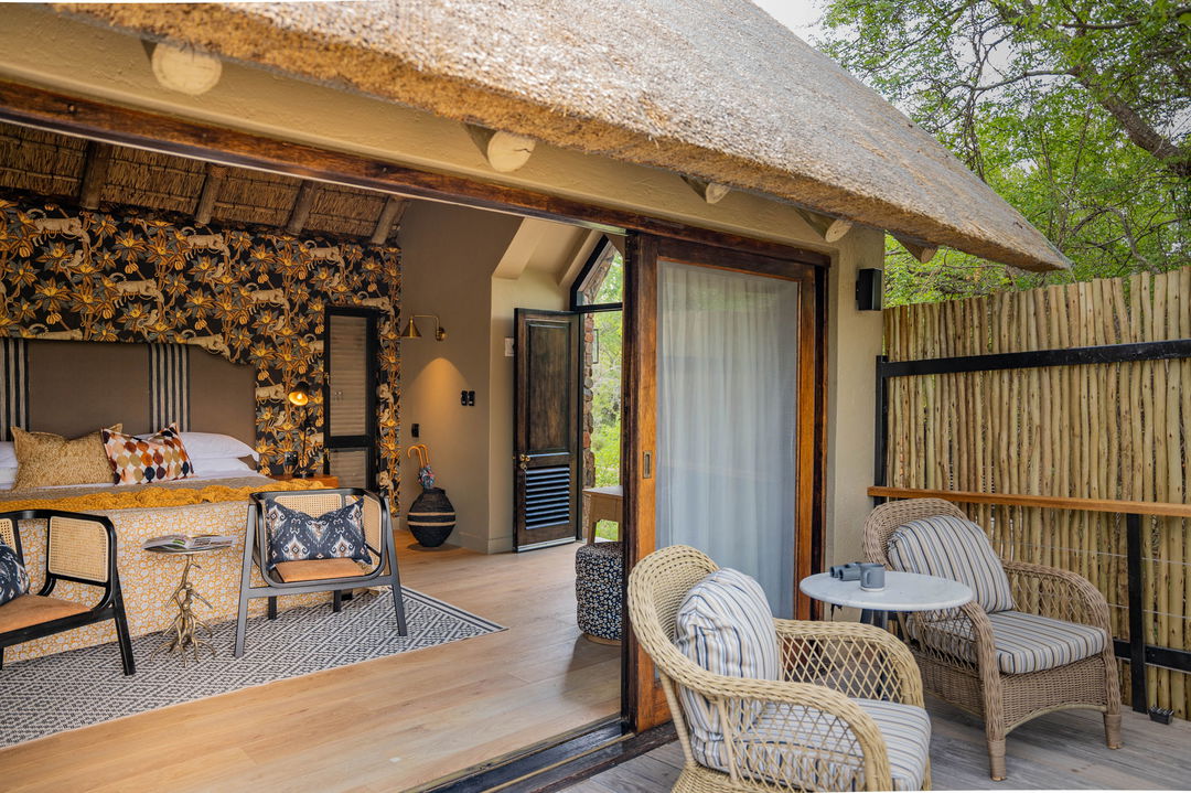 patio view to inside of room at Thornybush game lodge