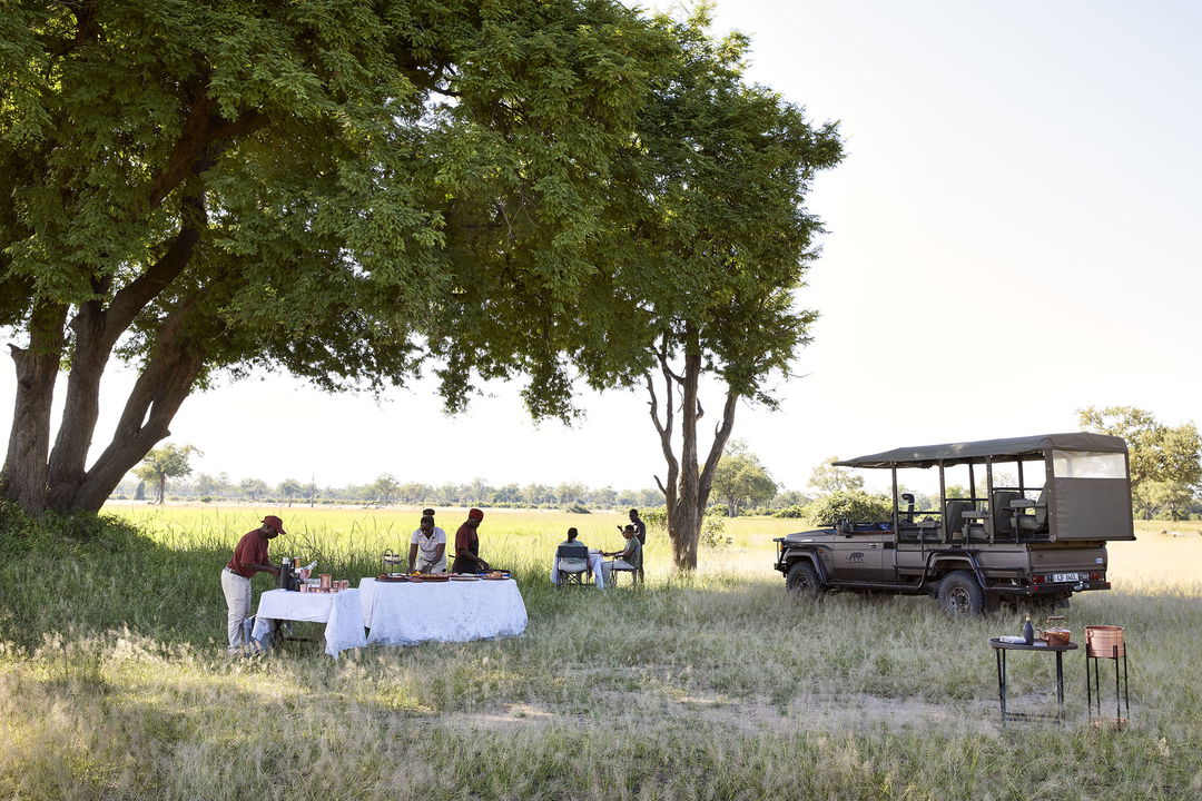 table under tree set for drinks and food in bush by Chichele Presidential Camp Zambia
