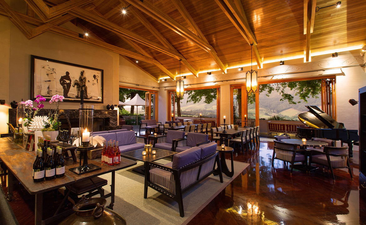 main lounge at sunset by Delaire Graff luxury Wine Estate Franschhoek