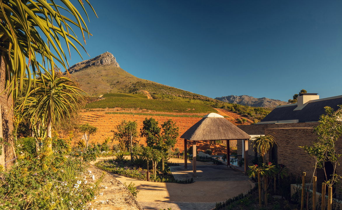 outside area of estate with views of lapa and mountain at Delaire Graff luxury Wine estate in Franshoek