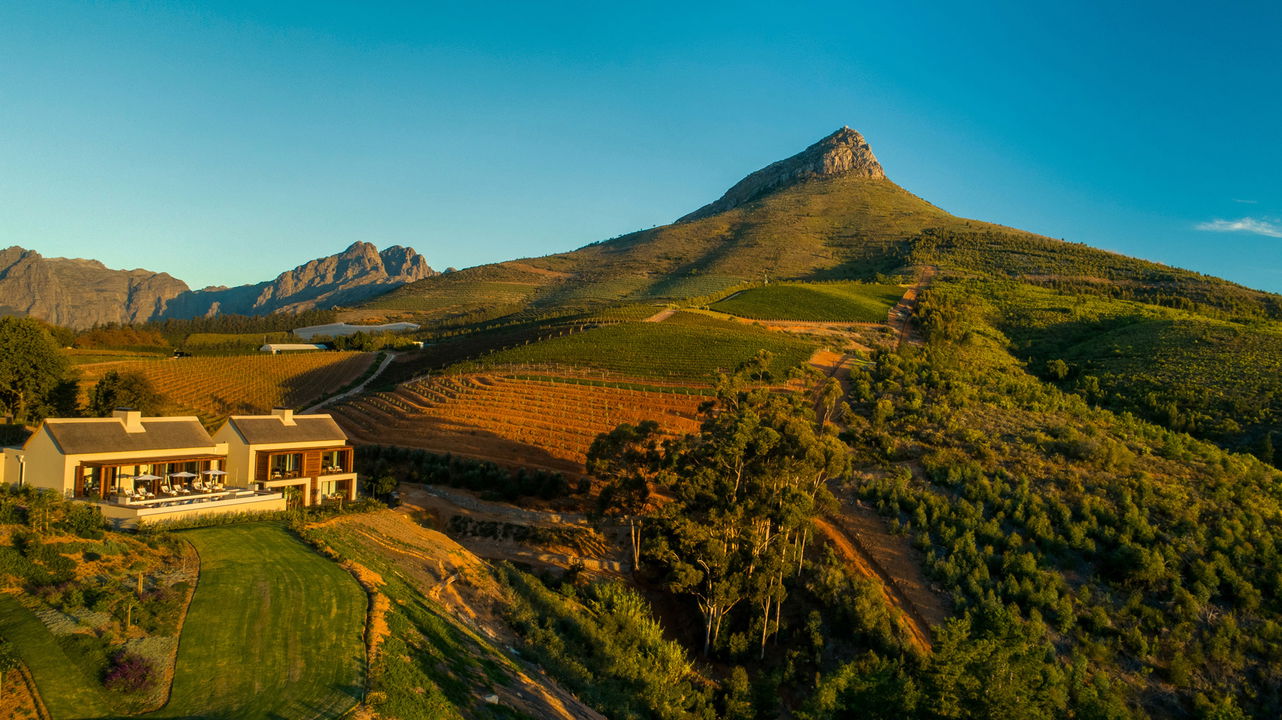 Ariel view of estate and mountains at Delaire Graff luxury Wine estate in Franshoek