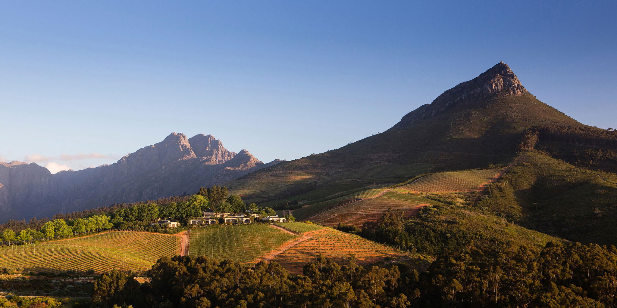Ariel view of estate and mountains at Delaire Graff luxury Wine estate in Franshoek