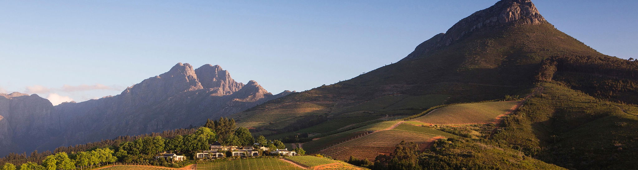 Ariel view of estate and mountains at Delaire Graff luxury Wine estate in Franshoek