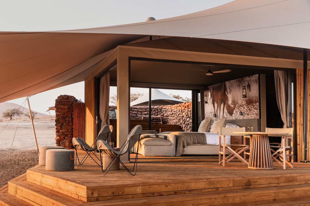 exterior view of tented suite at desert rhino camp wilderness Namibia 