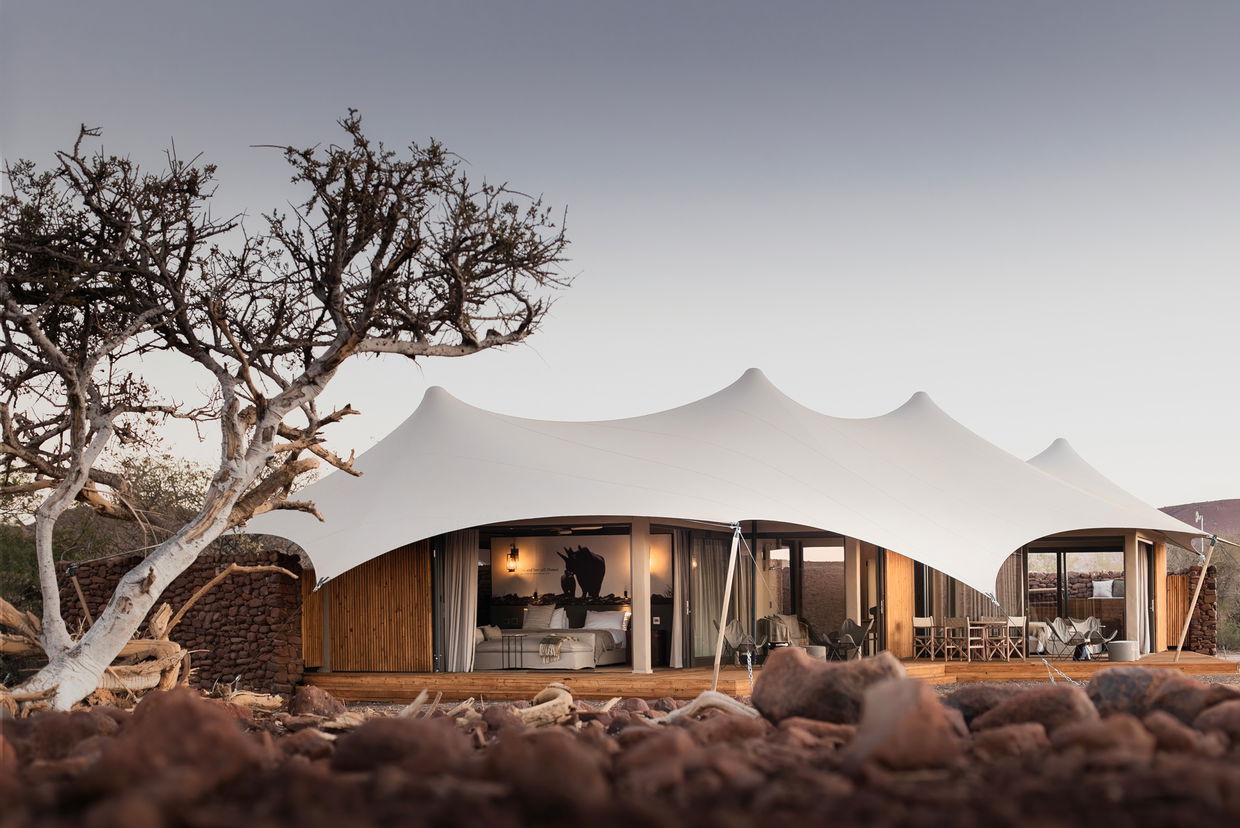 view of tented camp desert rhino lodge namibia