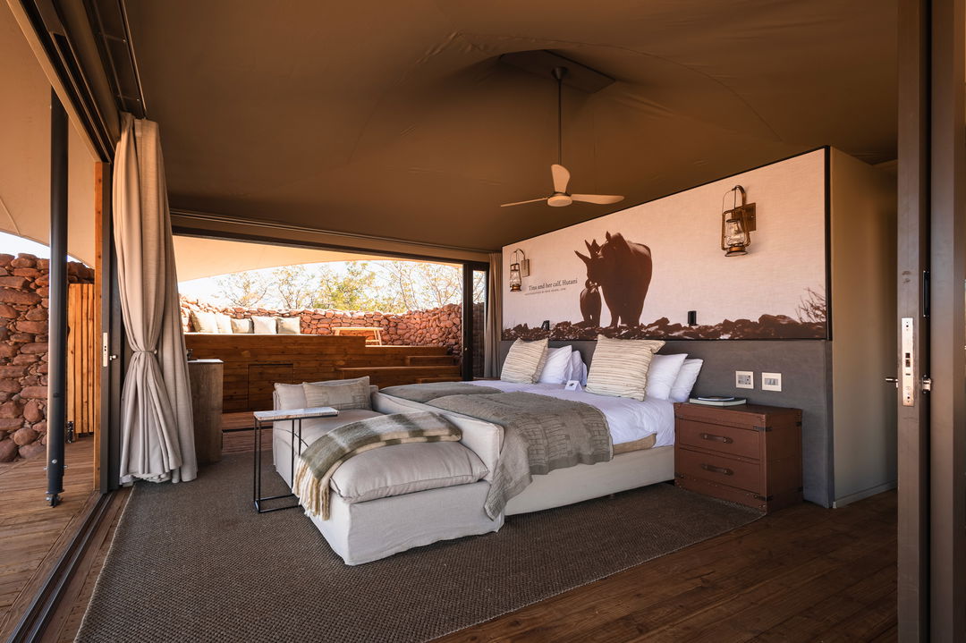 view of luxury room interior at desert rhino camp wilderness Namibia 