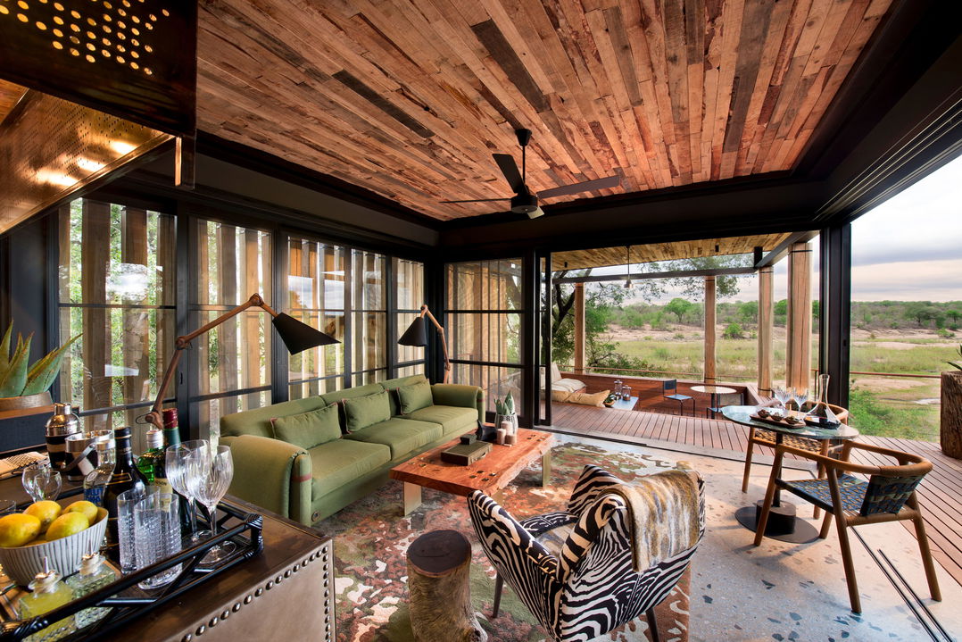 lounge area at &Beyond Tengile River Lodge Sabi Sands