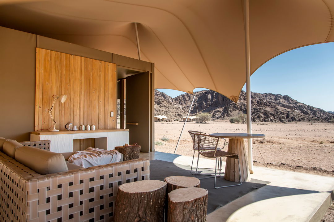 patio and seating of luxury tented suite at Hoanib camp Namibia