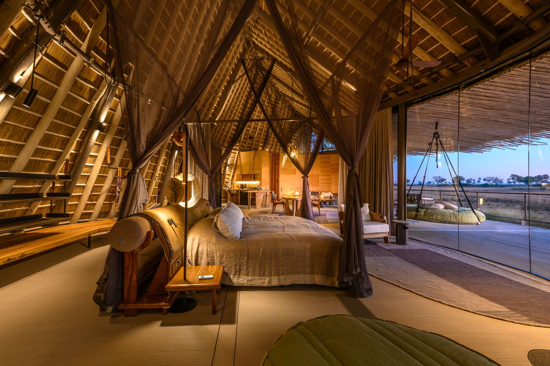Luxury safari lodge room view of delta beyond at Jao Camp Botswana