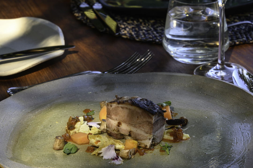 gourmet meat dish served on grey plate Jao Camp Botswana