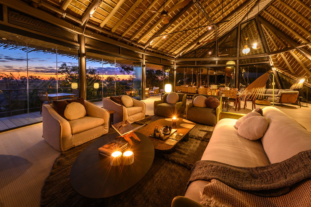 evening view of main entertainment area of Jao Camp Botswana