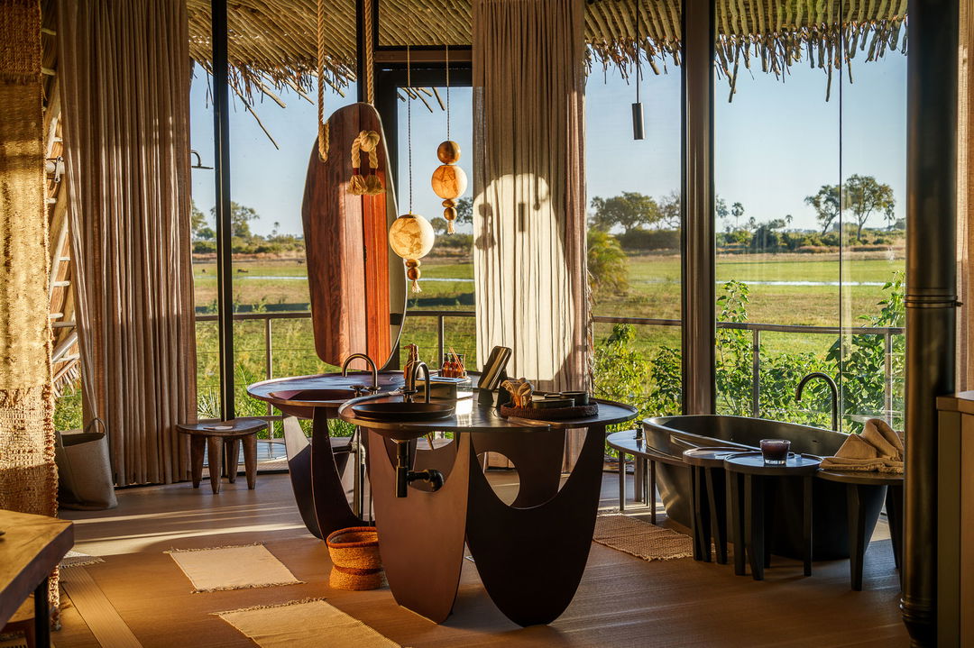bathroom with view on delta at  Jao Camp Botswana