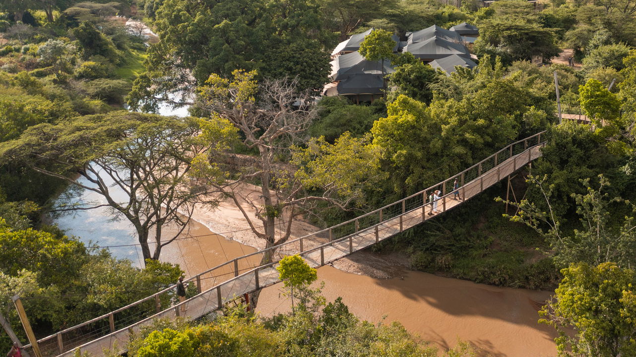 aerial view of the bridge across the river to the JW Marriot Masai Mara Kenya