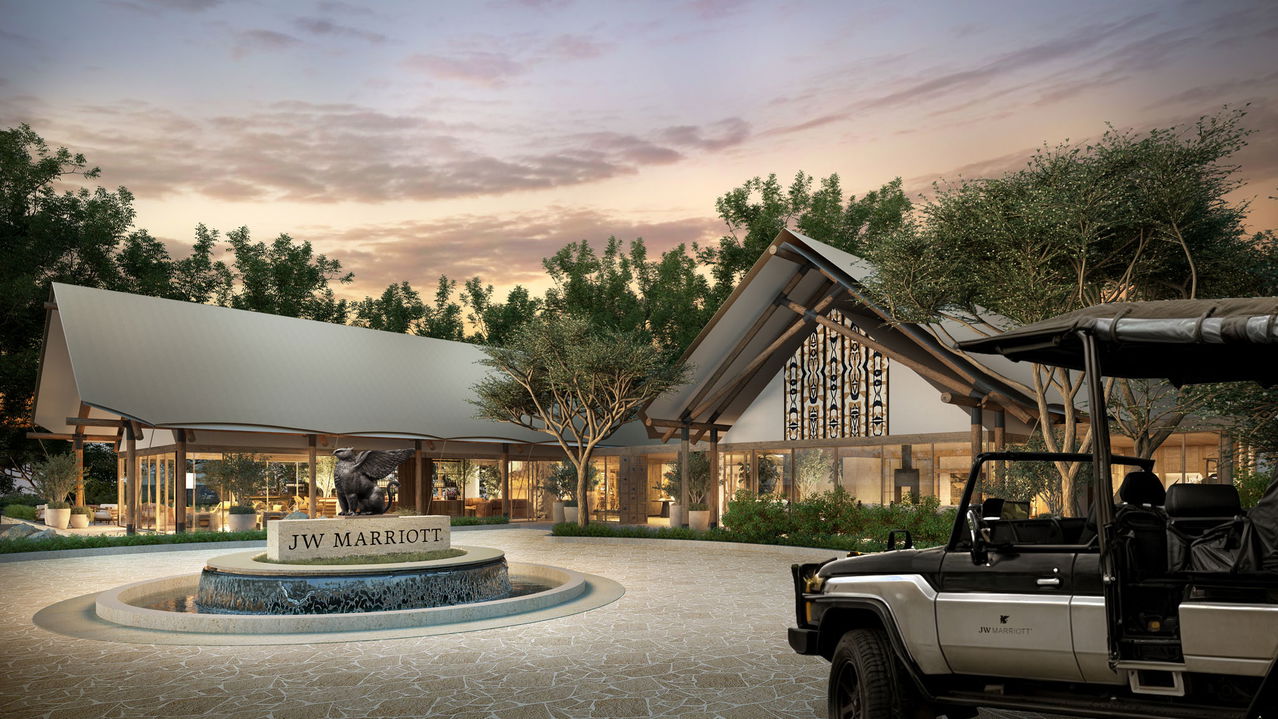 ai generated view of the entrance and reception of the JW Marriot Masai Mara Kenya