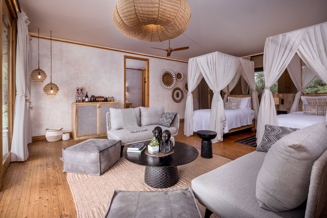 twin bedroom view inside a family tent of the JW Marriot Masai Mara Kenya