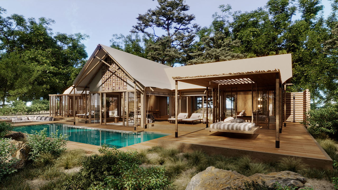 generated image of the exterior view of a luxury suite of the JW Marriot Masai Mara Kenya